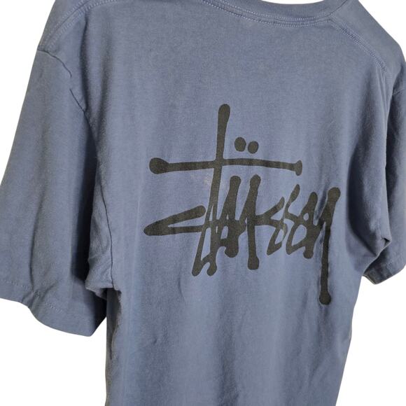 Stussy Basic Pigment Dyed T-Shirt Navy Blue Medium Distressed - Picture 3 of 8